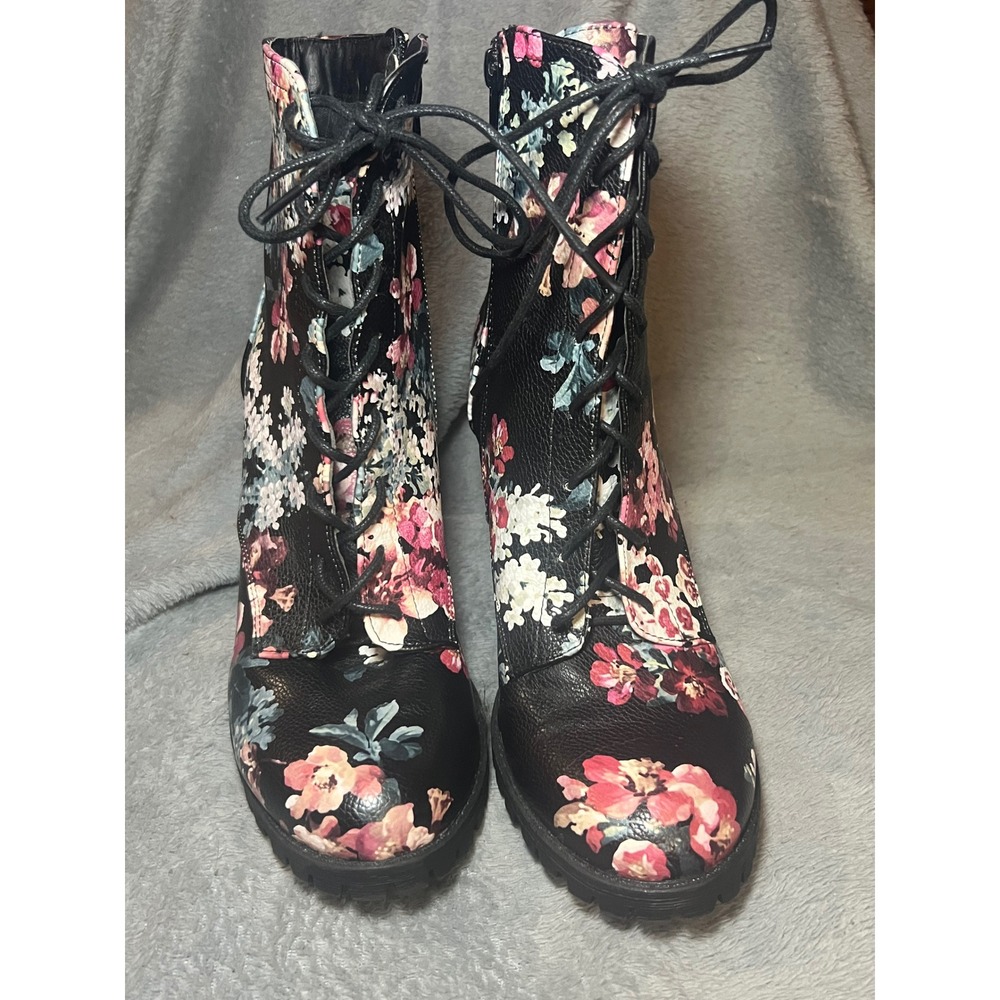 Lane Floral Lace Up Ankle Boots Block‎ Heel  Black Womens Boho Stevie Nicks 11